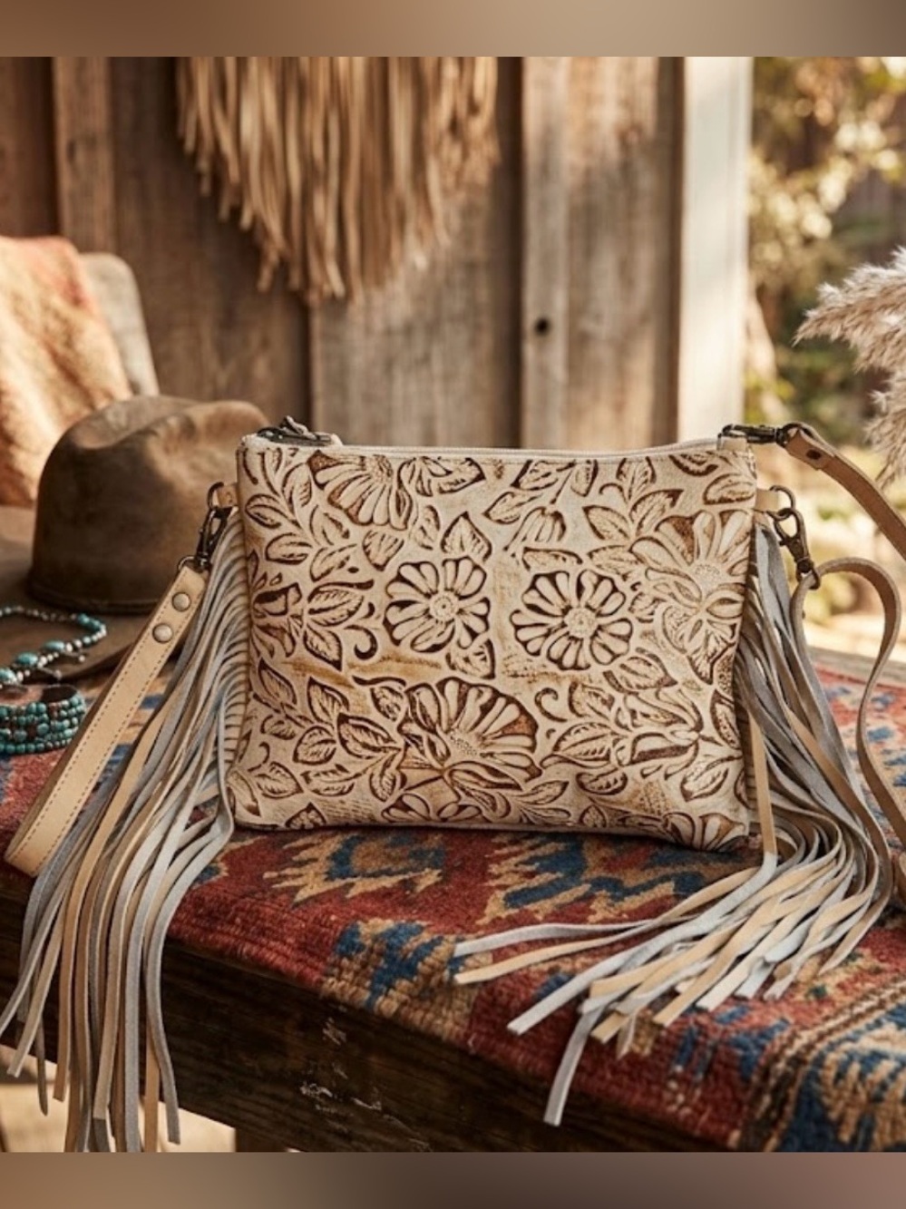 NWOT Myra Artisan Hand-Tooled Floral Leather Fringe Crossbody - Picture 2 of 8